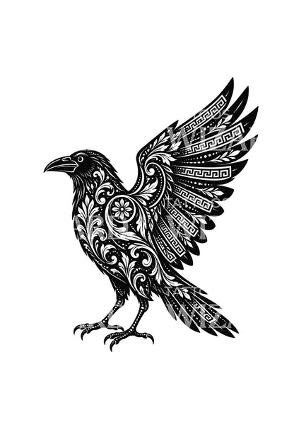 Blackwork tetování havrana s řeckým klíčem a křídlem