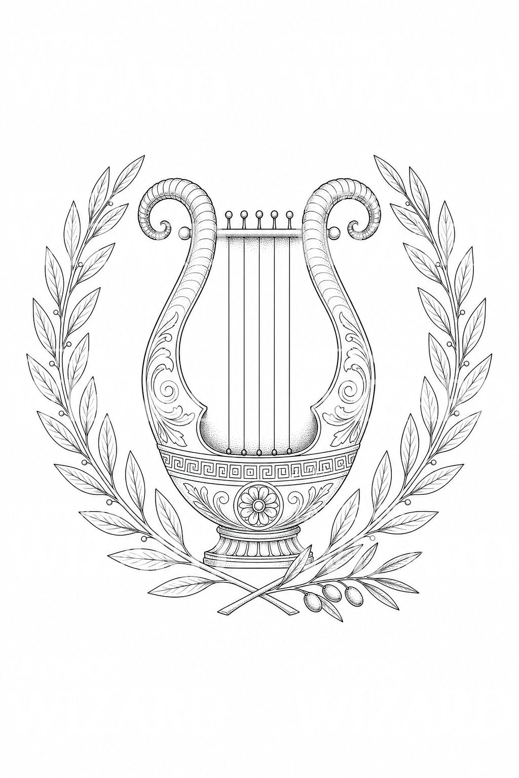 Diseño de tatuaje de lira griega y blasón de laurel