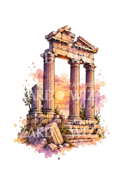 Aquarell-Tattooillustration griechischer Tempelruinen im Sonnenuntergang