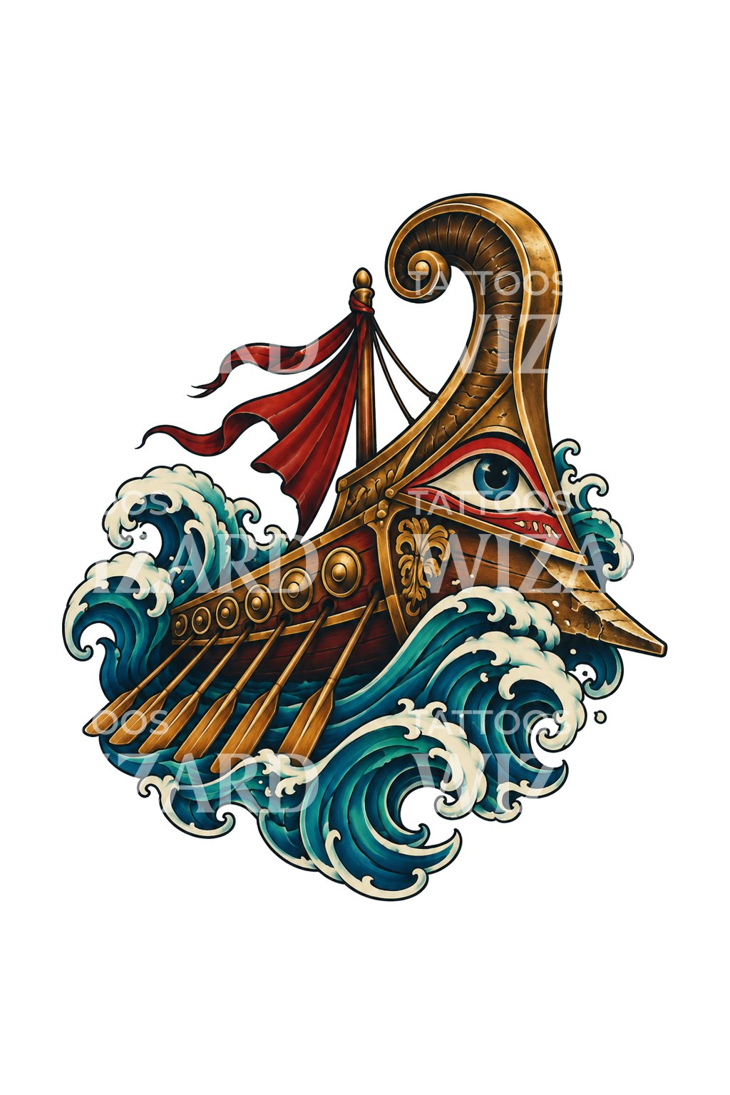 Ilustración de tatuaje de proa de trirreme griego entre las olas