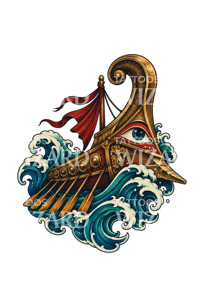 Ilustración de tatuaje de proa de trirreme griego entre las olas