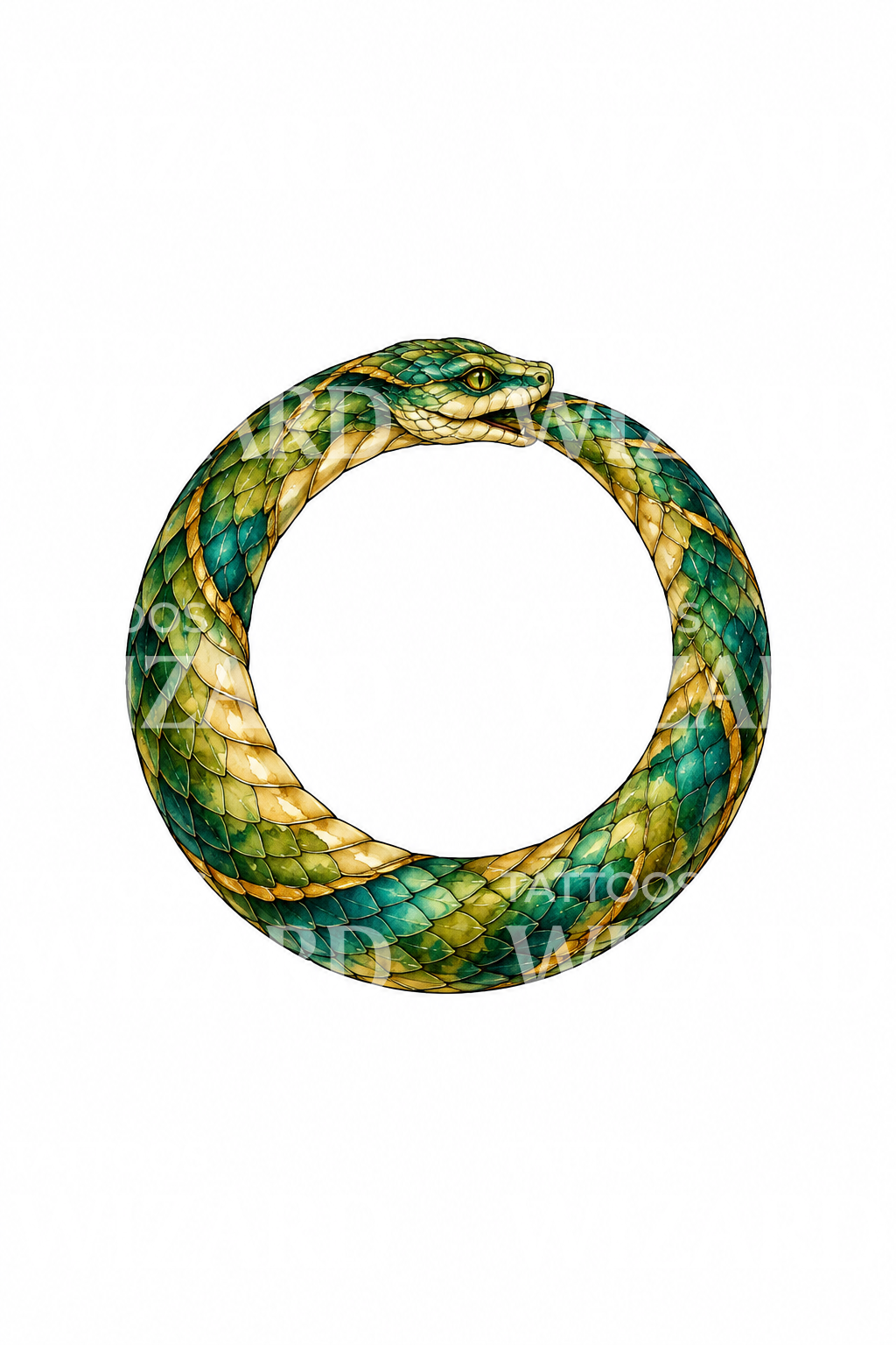 Aquarell-Tattoo einer grünen und goldenen Ouroboros-Schlange