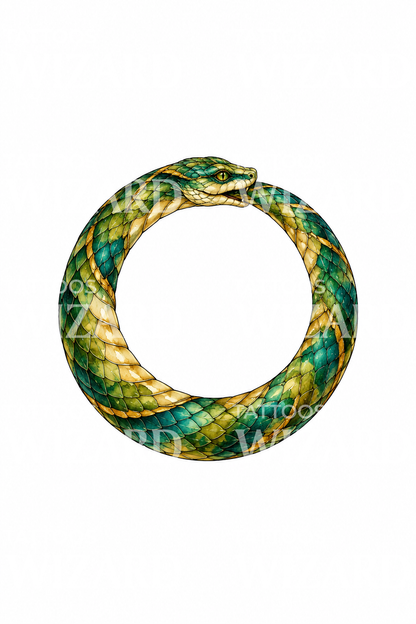 Aquarell-Tattoo einer grünen und goldenen Ouroboros-Schlange