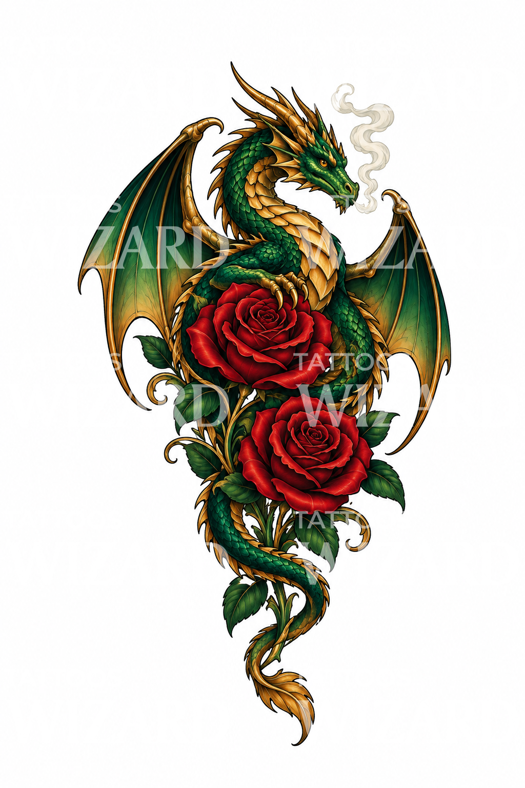 Diseño de tatuaje de dragón verde enroscado en rosas rojas