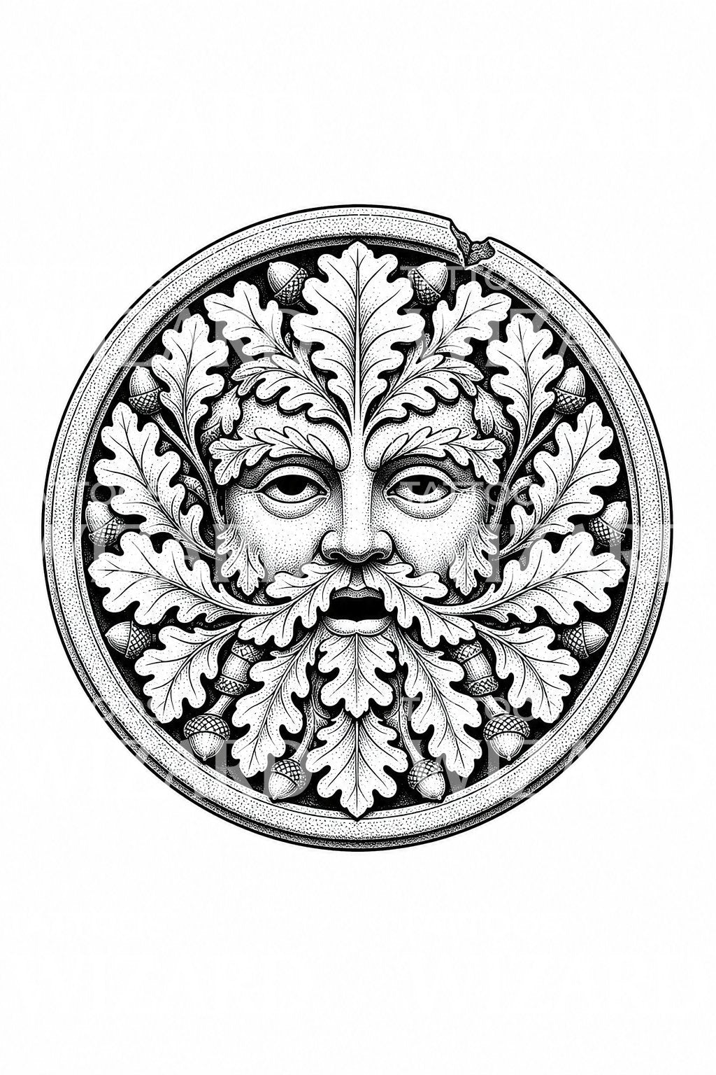 Green Man Oak Leaf Carving Tattoo Illustration