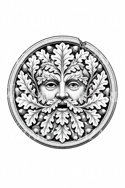 Green Man Oak Leaf Carving Tattoo Illustration