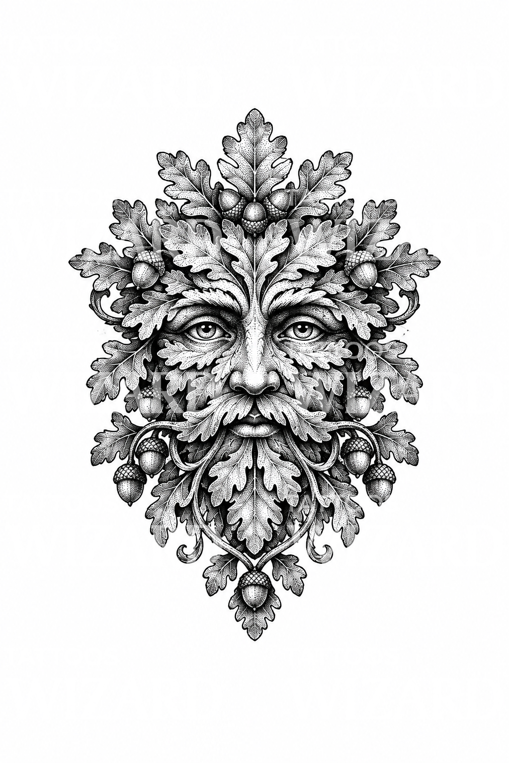 Meşe yapraklı Green Man yüzü dotwork dövme tasarımı