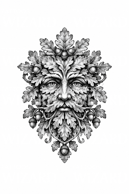 Meşe yapraklı Green Man yüzü dotwork dövme tasarımı