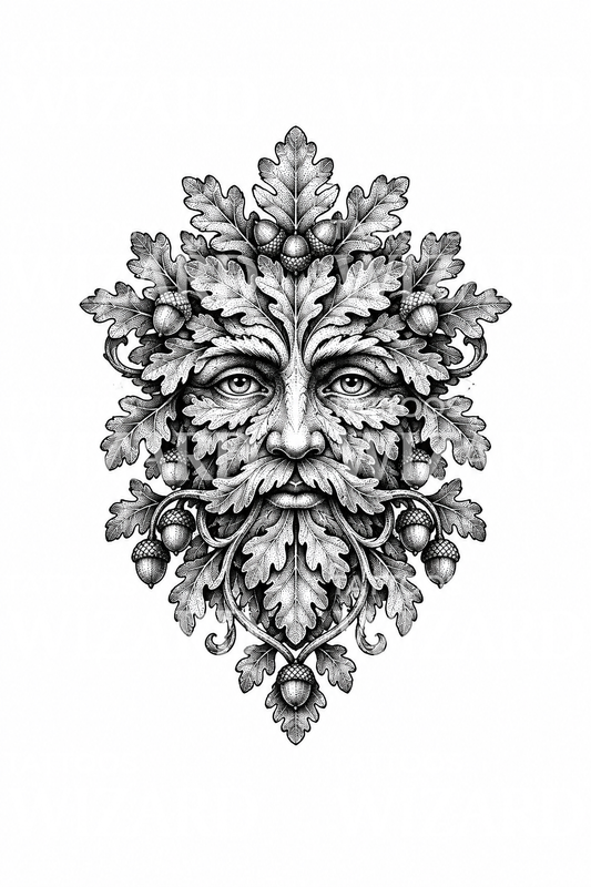 Meşe yapraklı Green Man yüzü dotwork dövme tasarımı