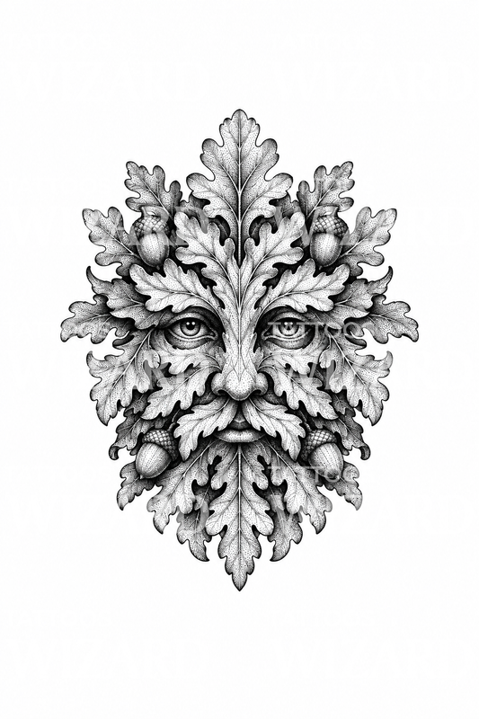 Idea de tatuaje Green Man con rostro de hoja de roble en dotwork