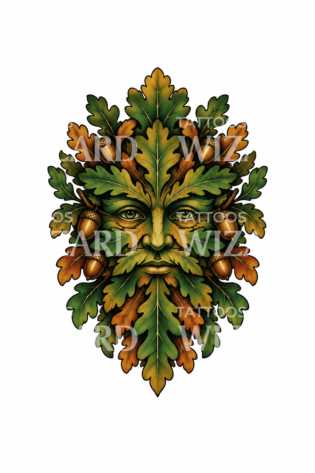 Green Man Oak Leaf Face with Acorns Tattoo