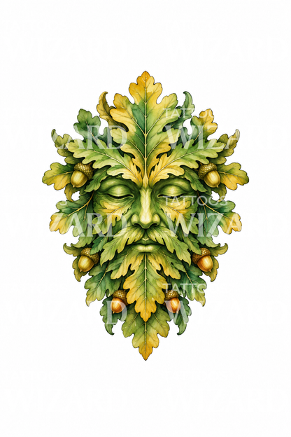 Ilustração de tatuagem da máscara do Homem Verde com folha de carvalho