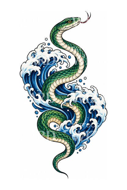 Diseño de tatuaje de una serpiente verde surgiendo de olas japonesas
