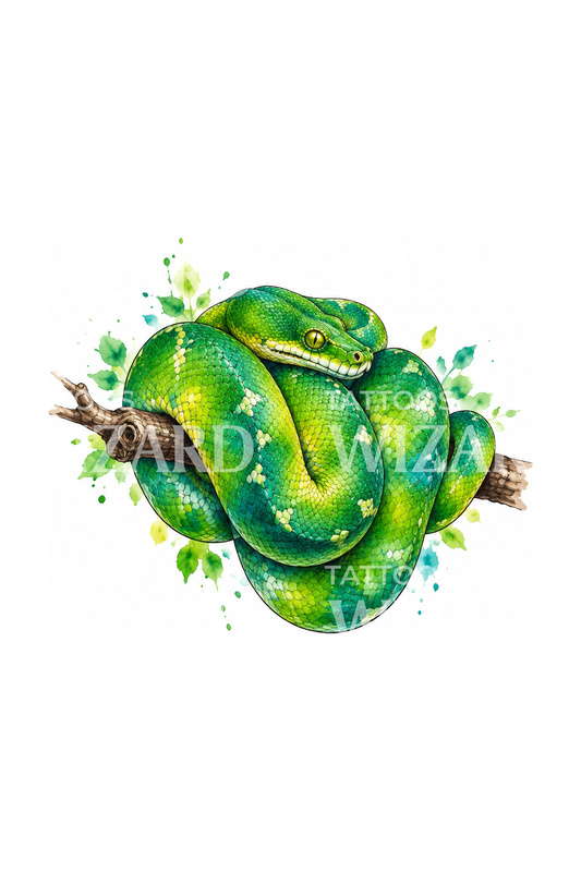 Akvarelová ilustrace tetování zelené krajty zelené