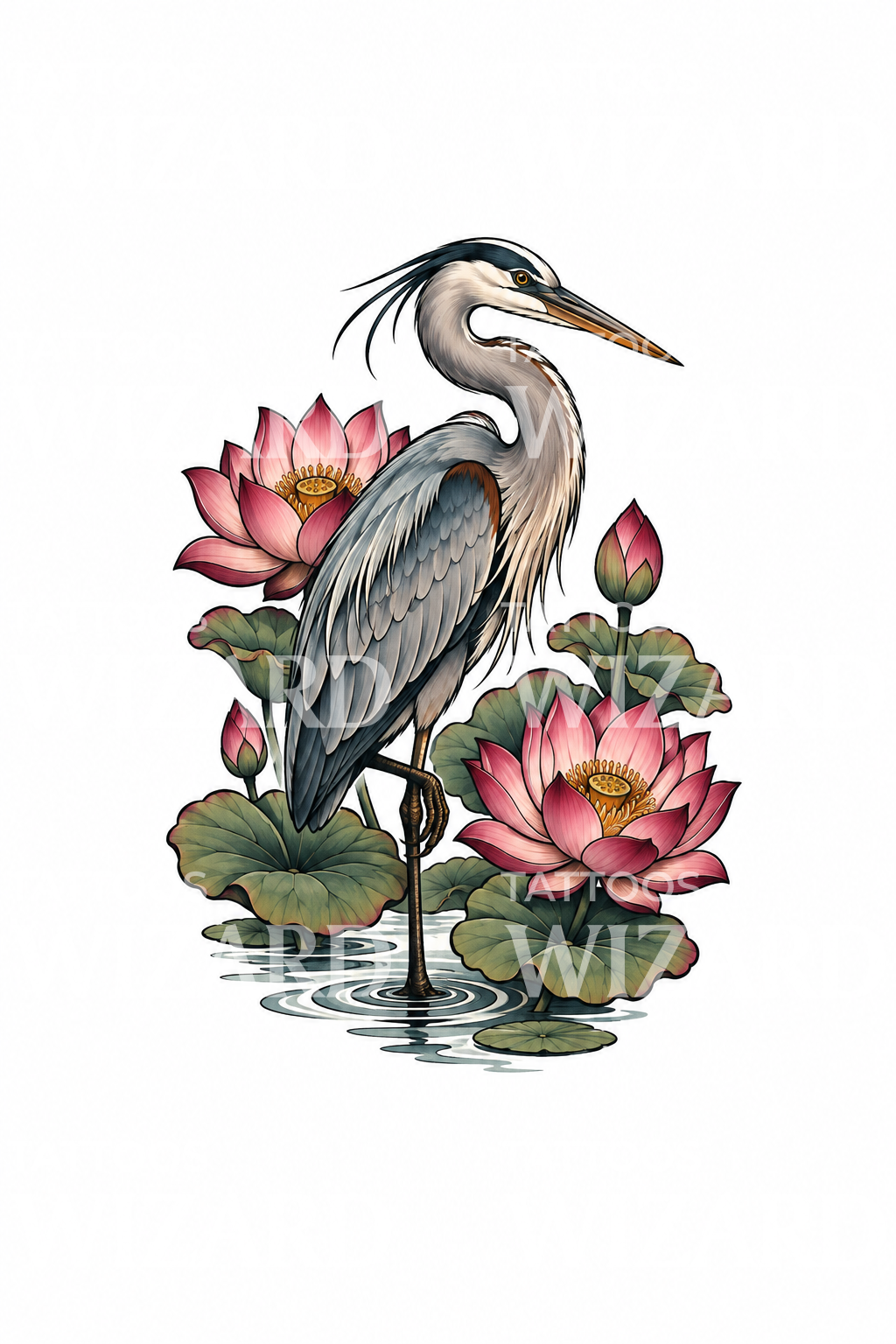 Tattoo-Design: Graureiher zwischen rosa Lotusblüten
