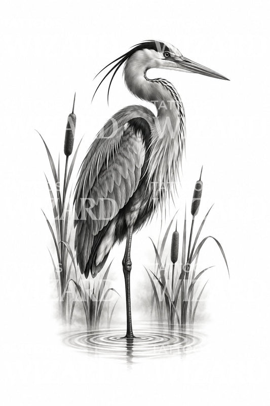 Tattoo-illustratie van een blauwe reiger in het riet