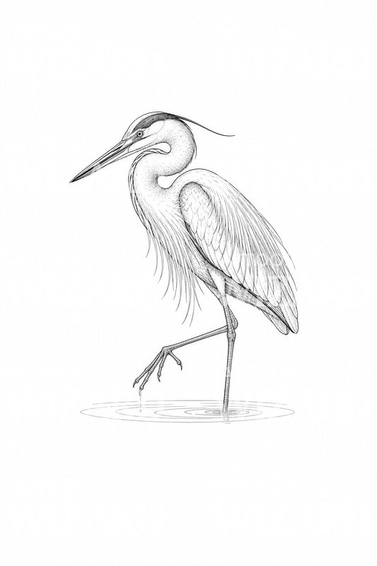 Tattoo-Design eines Graureihers beim Anschleichen im seichten Wasser