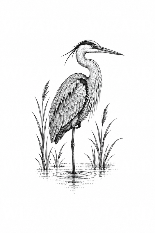Dotwork-tattoo van een blauwe reiger in het riet