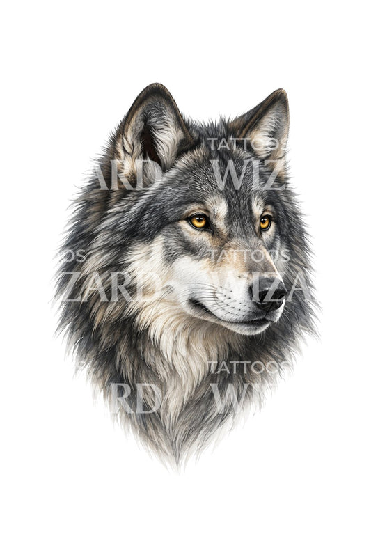 Diseño de tatuaje de lobo gris con ojos dorados