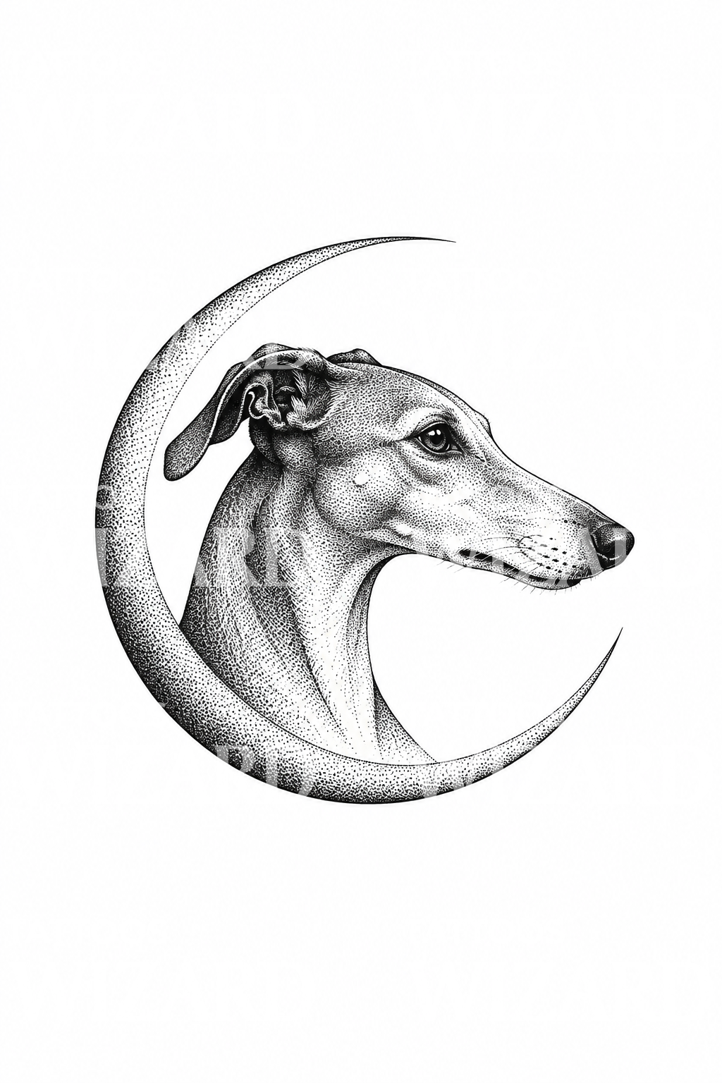 Profil de lévrier dans un croissant de lune en dotwork