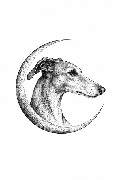 Profil de lévrier dans un croissant de lune en dotwork