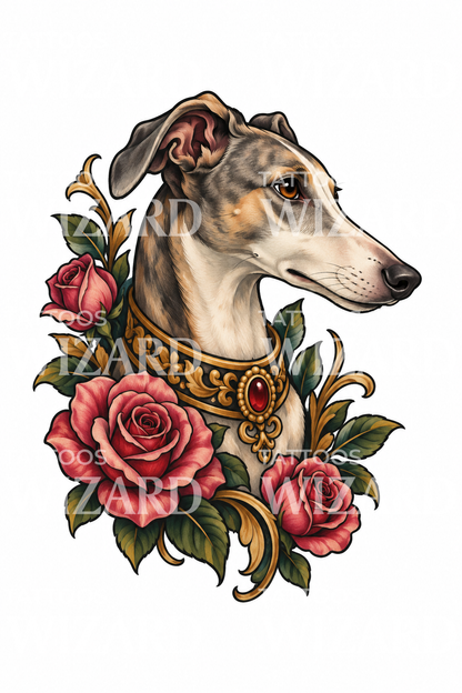 Chrt se zlatým obojkem a růžemi, tattoo design