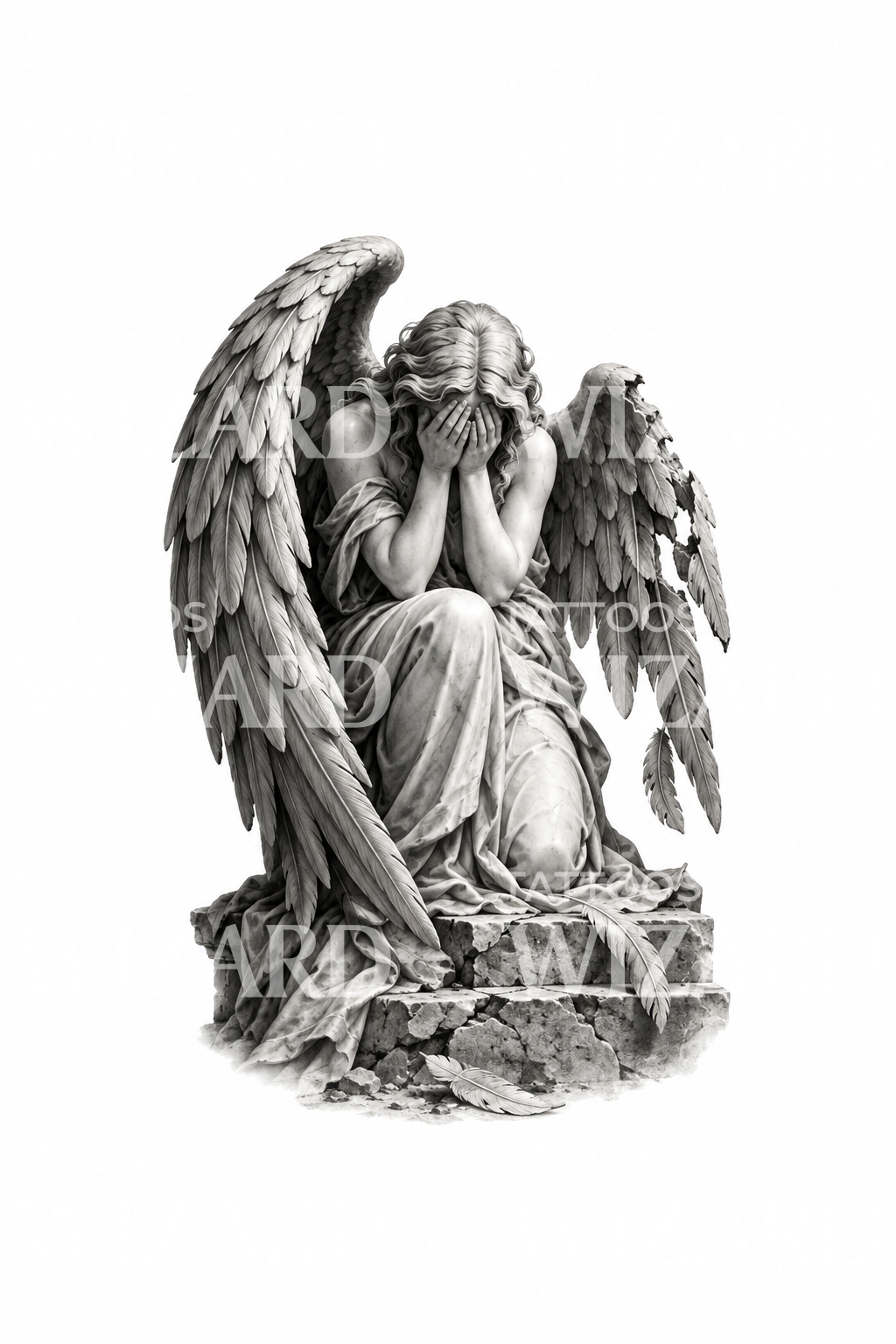 Grieving Fallen Angel Statue Tattoo Design