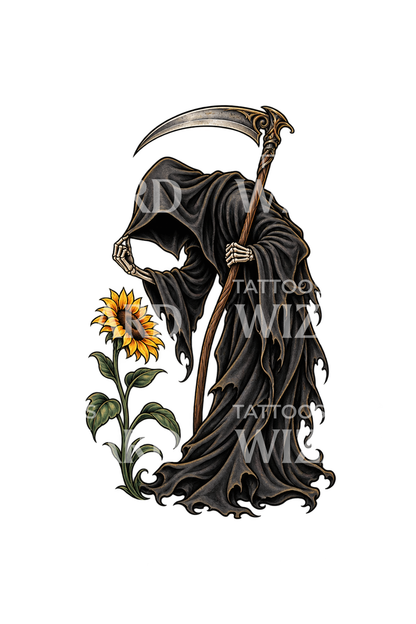 Tato Grim Reaper Membungkuk pada Bunga Matahari