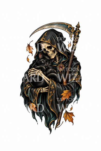 Diseño de tatuaje de la Muerte con un gato negro
