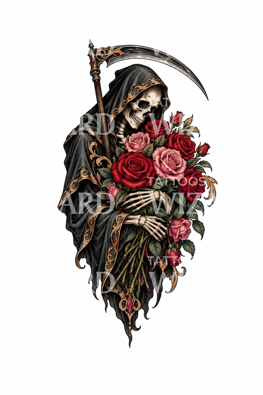Grim Reaper Holding Roses Tattoo