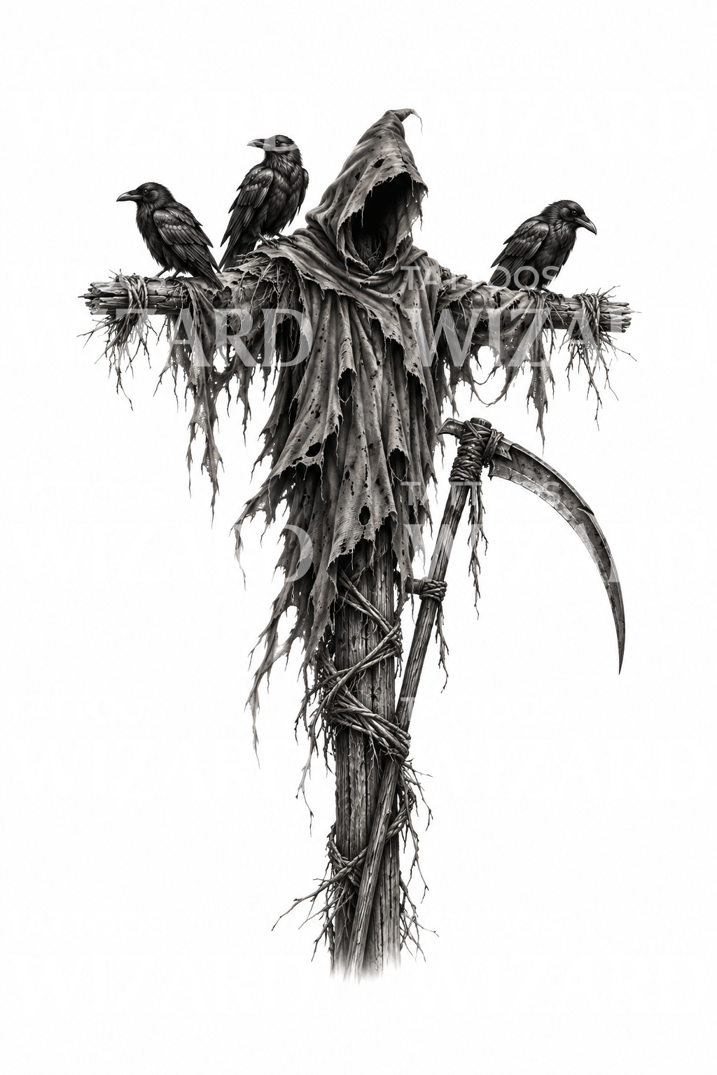 Ilustrasi Tato Orang-orangan Sawah Grim Reaper dengan Gagak dan Sabit