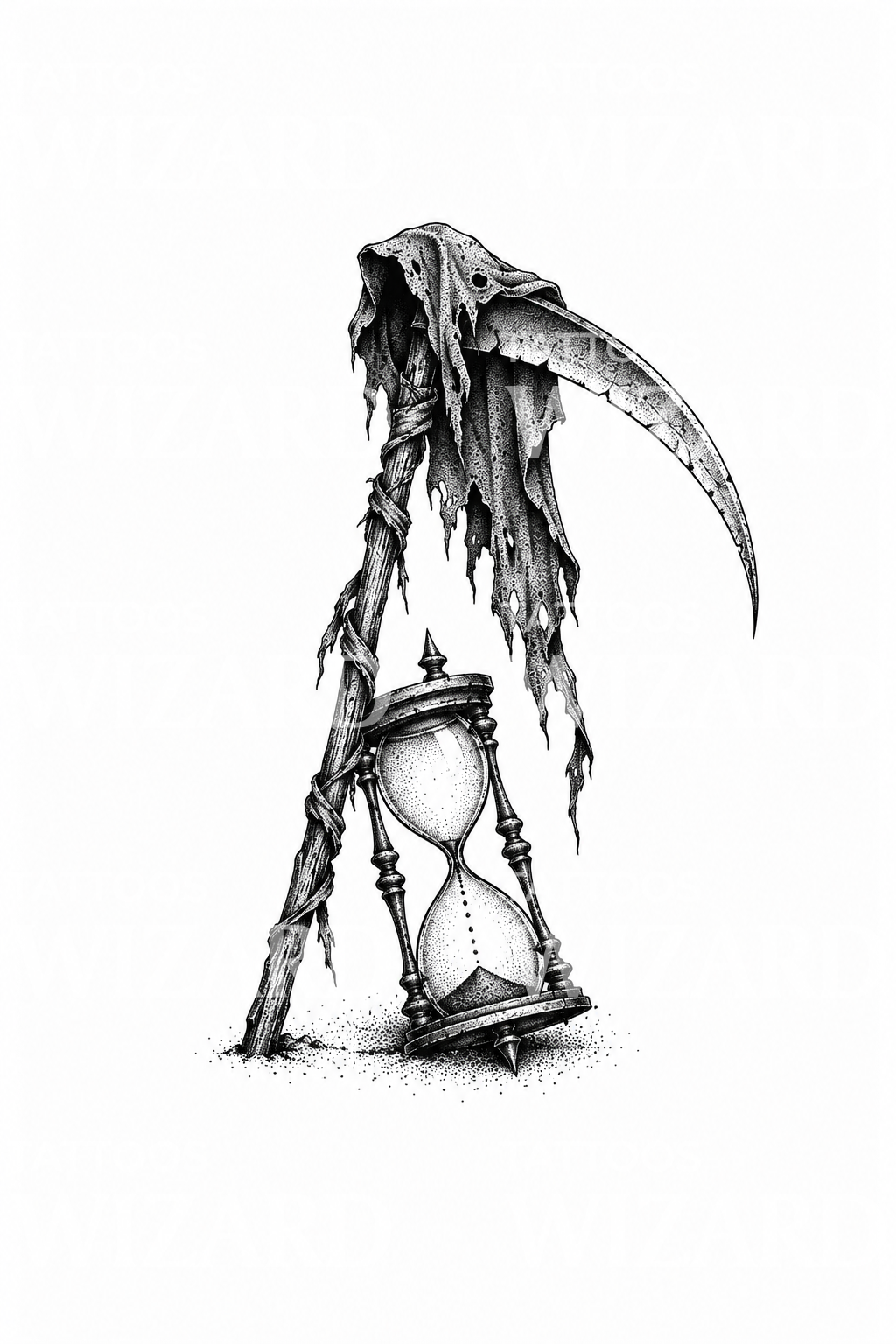 Grim Reaper Scythe and Hourglass with Tattered Hood Dotwork Tattoo
