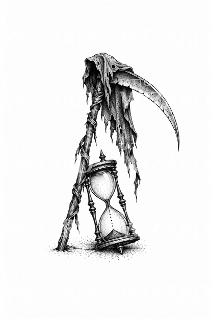Grim Reaper Scythe and Hourglass with Tattered Hood Dotwork Tattoo
