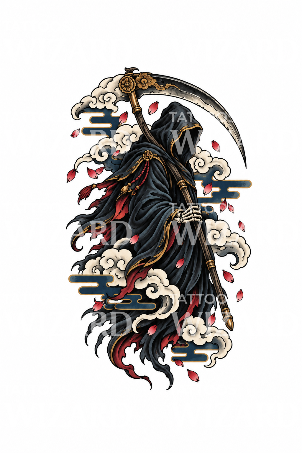 Tatuagem japonesa do Ceifeiro com nuvens