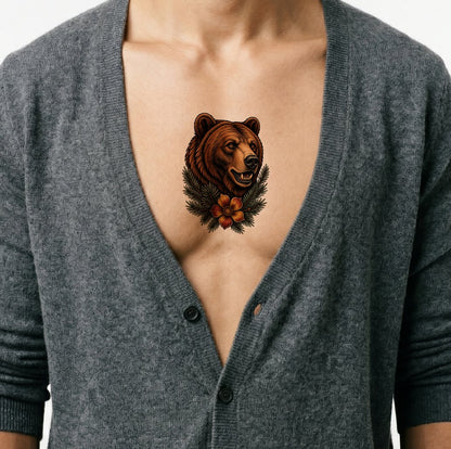 Grizzly Bear and Pine Tattoo Design