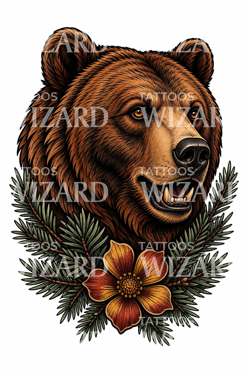 Grizzly Bear and Pine Tattoo Design