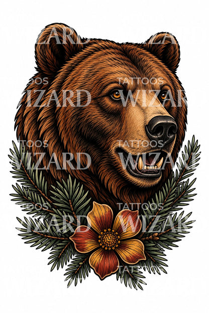 Grizzly Bear and Pine Tattoo Design