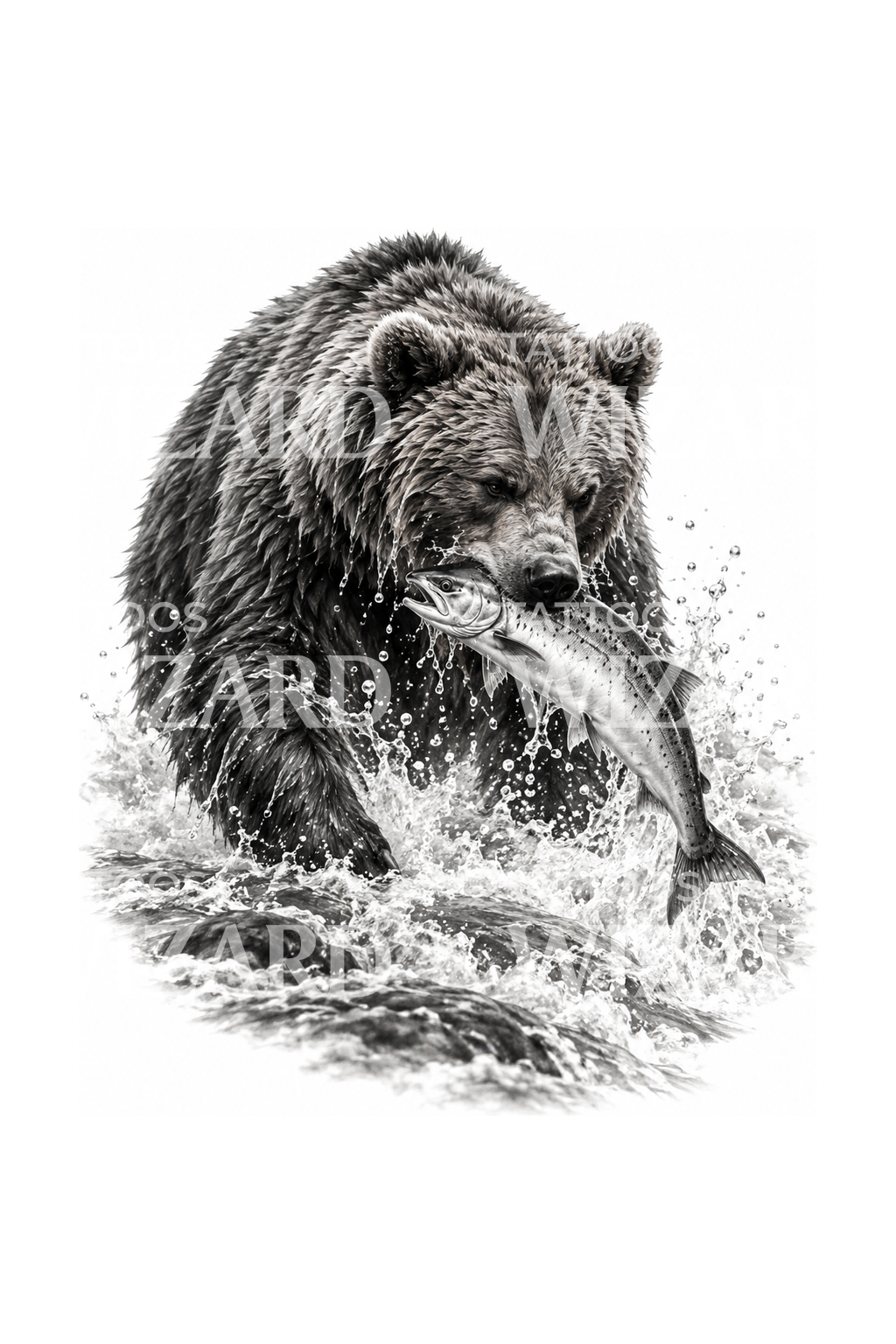 Tetování grizzlyho lovícího lososa