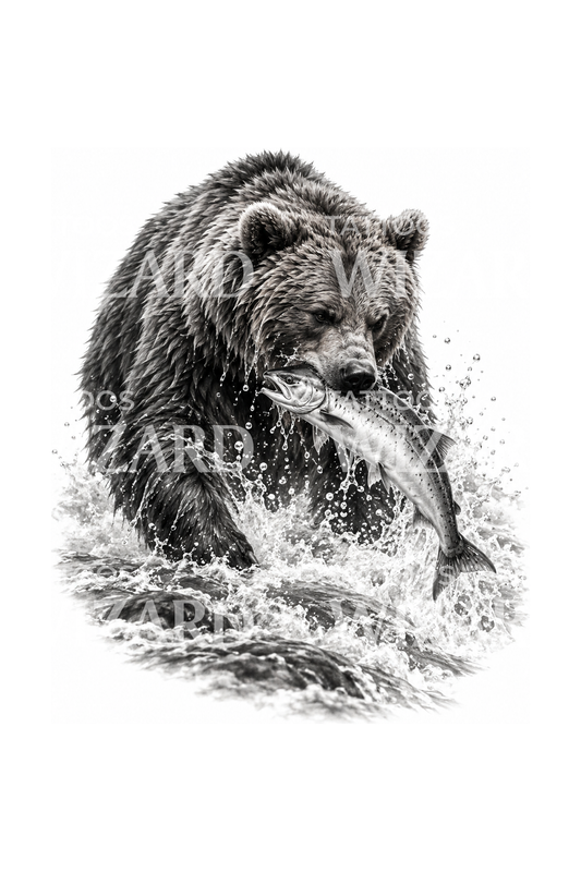 Tatoveringsdesign av grizzlybjørn som fanger laks