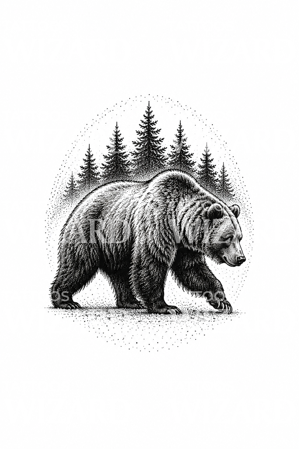 Dotwork-tatovering med grizzlybjørn gennem fyrretræer