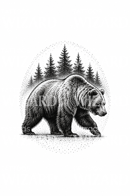 Dotwork-tatovering med grizzlybjørn gennem fyrretræer
