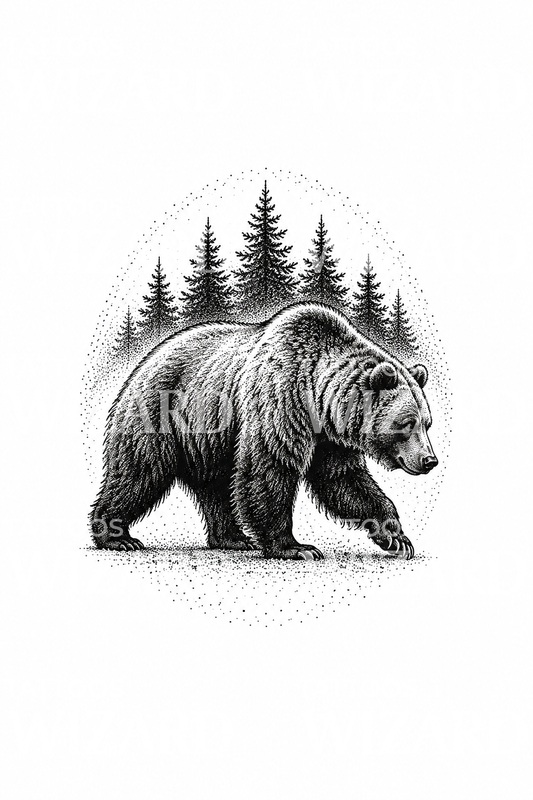 Grizzly Bear Walking Through Pines Dotwork Tattoo
