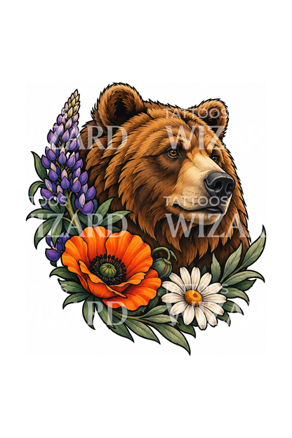 Wzór tatuażu niedźwiedzia grizzly z łubinem, makiem i stokrotką