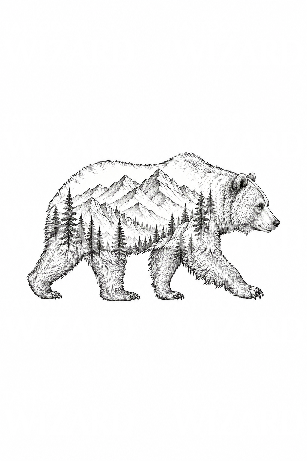 Tetování grizzlyho s horským lesem uvnitř
