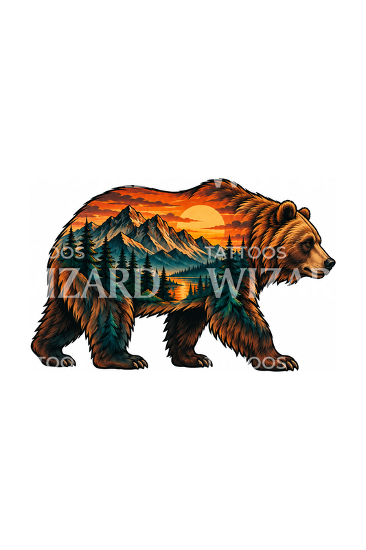 Grizzly Bear with Mountain Sunset Tattoo