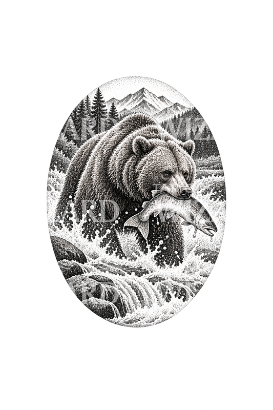 Tatouage en stippling d’un grizzly pêchant un saumon