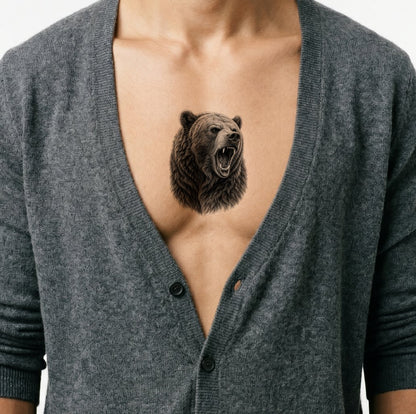 Roaring Grizzly Bear Black and Grey Tattoo Design