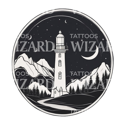 Landscape with a Lighthouse Moon Clouds and Trees Tattoo Design