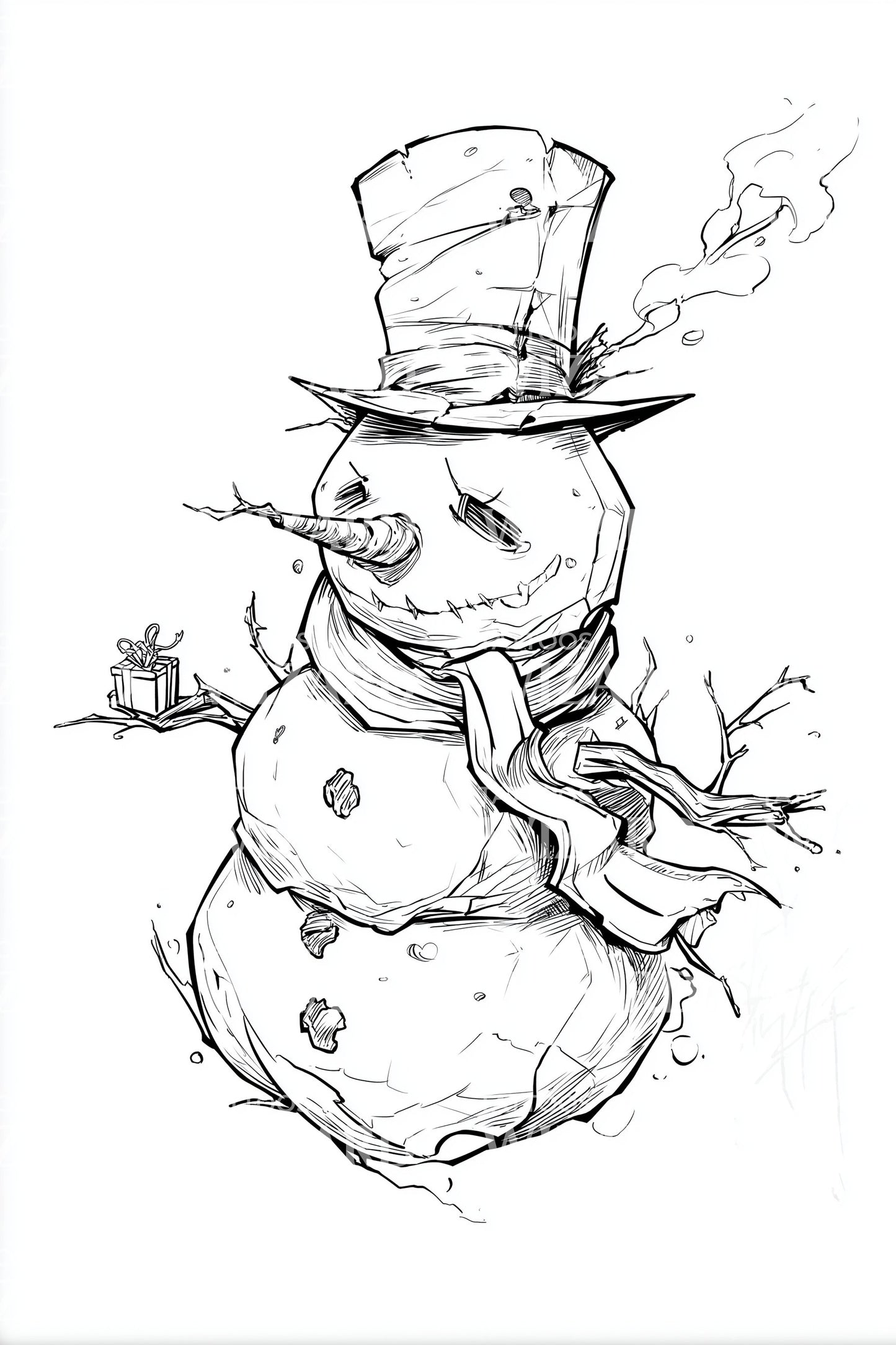 Grungy Snowman with Gift Tattoo Illustration