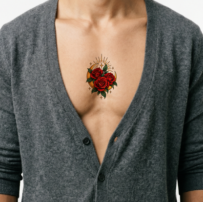 Guadalupe Roses on a Golden Crescent Tattoo